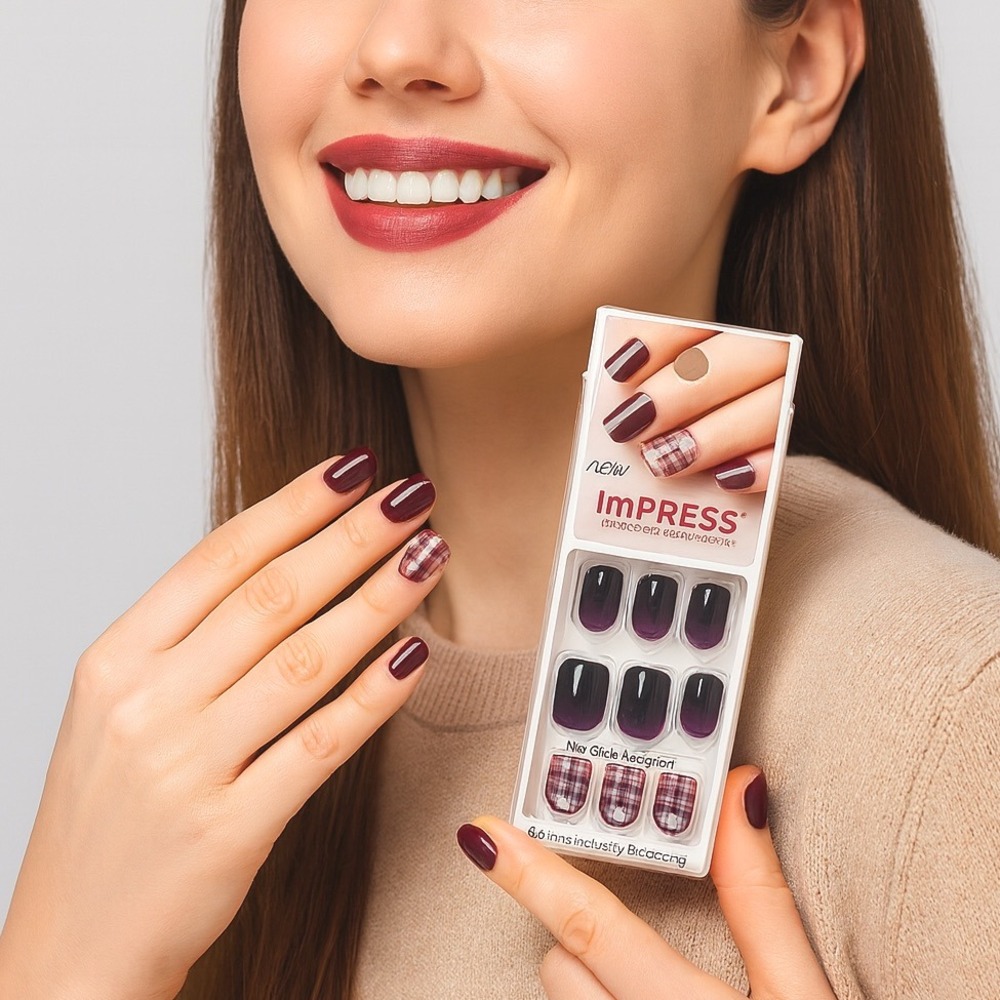 imPRESS Press on Manicure 30 Nails 6 Accents Gel Nails Purple Plaid Design 94-32